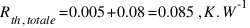 R_{th,totale} = 0.005 + 0.08 = 0.085 \, K.W^-1