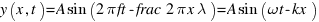 y(x,t) = A sin(2pi ft - frac{2pi x}{lambda}) = A sin( omega t - kx)
