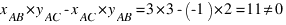 x_AB * y_AC - x_AC * y_AB = 3 * 3 - (-1) * 2 = 11 \ne 0