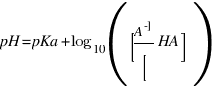 pH = pKa + log_{10}([A^-]/[HA])