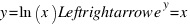 y = ln(x) Leftrightarrow e^y = x