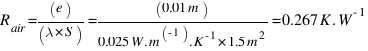 R_{air} = (e) / (lambda * S) = (0.01 m) / (0.025 W.m^{-1).K^{-1} * 1.5 m^2} = 0.267 K.W^{-1}