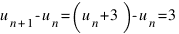 u_{n+1} - u_n = (u_n + 3) - u_n = 3