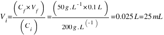 V_i = (C_f * V_f) / (C_i) = (50 g.L^{-1} * 0.1 L) / (200 g.L^{-1)} = 0.025 L = 25 mL