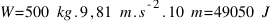 W = 500~kg . 9,81~m.s^{-2} . 10~m = 49050~J