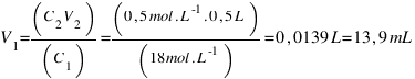V_1 = (C_2V_2)/(C_1) = (0,5  mol.L^-1 . 0,5  L)/(18  mol.L^-1) = 0,0139  L = 13,9  mL