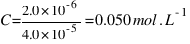C = {2.0 * 10^{-6}} / {4.0 * 10^{-5}} = 0.050 mol.L^{-1}