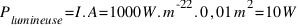 P_{lumineuse} = I . A = 1000  W.m^-22 . 0,01  m^2 = 10  W