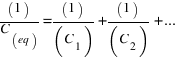 (1)/(C_{eq)} = (1)/(C_1) + (1)/(C_2) + ...