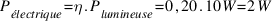 P_{électrique} = eta . P_{lumineuse} = 0,20 . 10  W = 2  W