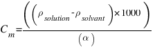 C_m = ((\rho_{solution} - \rho_{solvant}) * 1000) / (alpha)