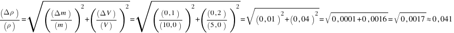 (Delta rho)/(rho) = sqrt{((Delta m)/(m))^2 + ((Delta V)/(V))^2} = sqrt{((0,1)/(10,0))^2 + ((0,2)/(5,0))^2} = sqrt{(0,01)^2 + (0,04)^2} = sqrt{0,0001 + 0,0016} = sqrt{0,0017} approx 0,041