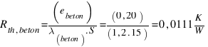 R_{th,beton} = (e_{beton})/(lambda_{beton) . S} = (0,20)/(1,2 . 15) = 0,0111  K/W